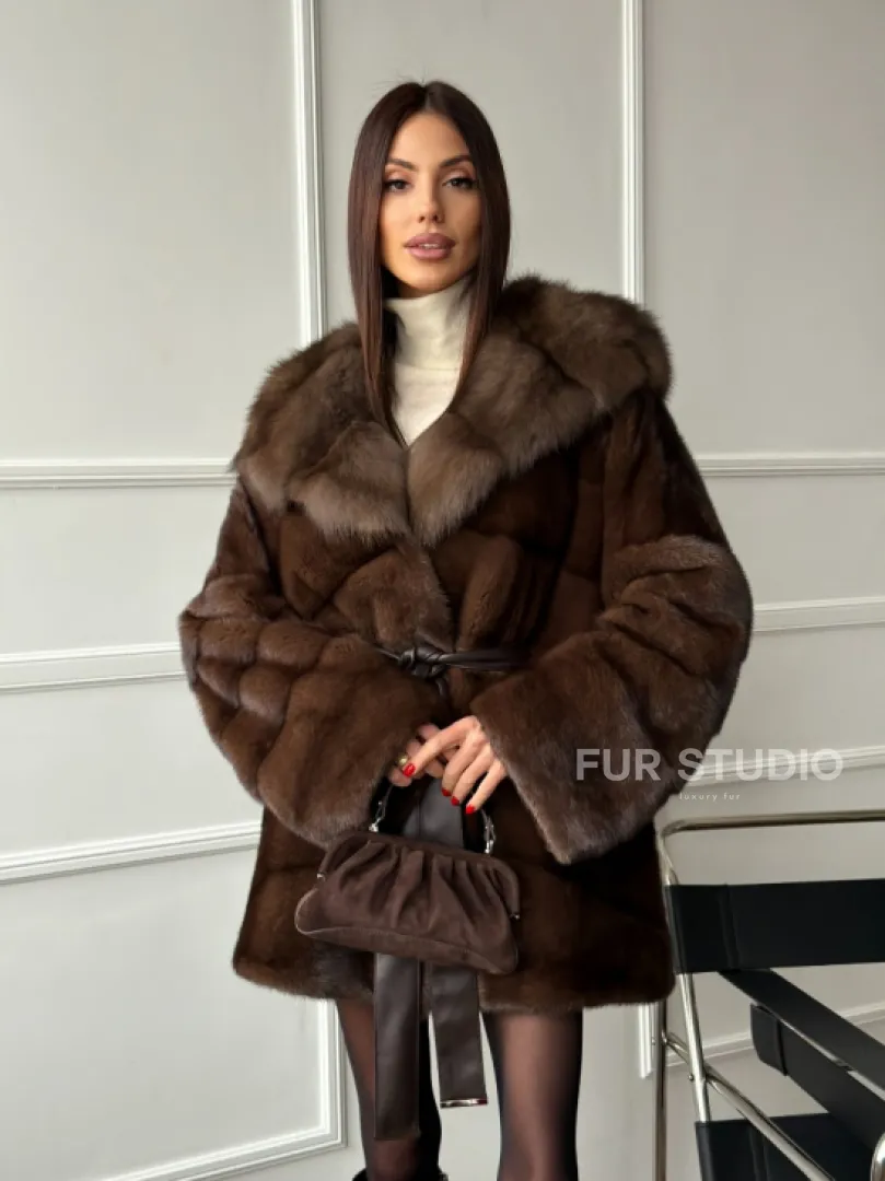 Шуба норка - кимоно с капюшоном