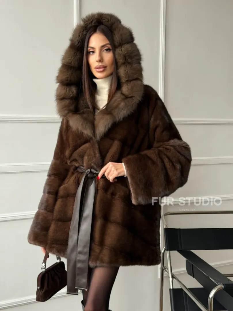 Шуба норка - кимоно с капюшоном