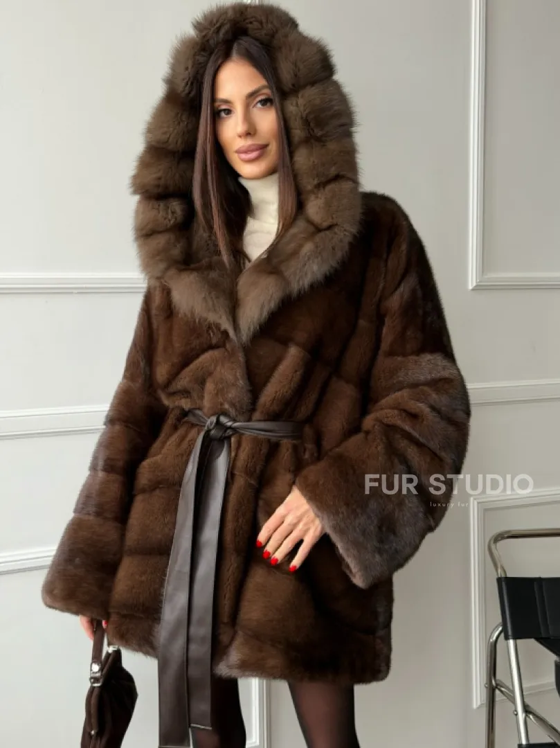 Шуба норка - кимоно с капюшоном
