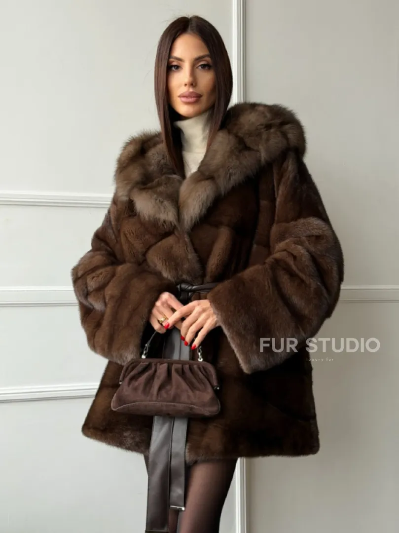 Шуба норка - кимоно с капюшоном
