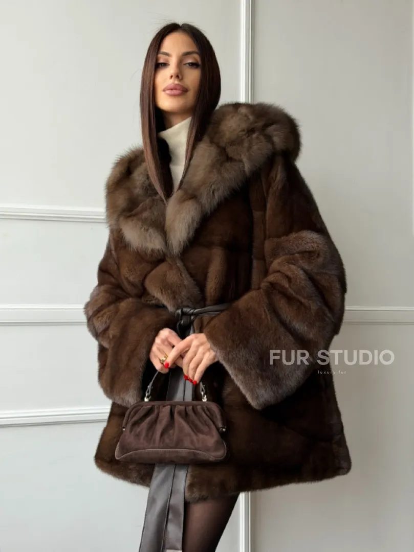 Шуба норка - кимоно с капюшоном