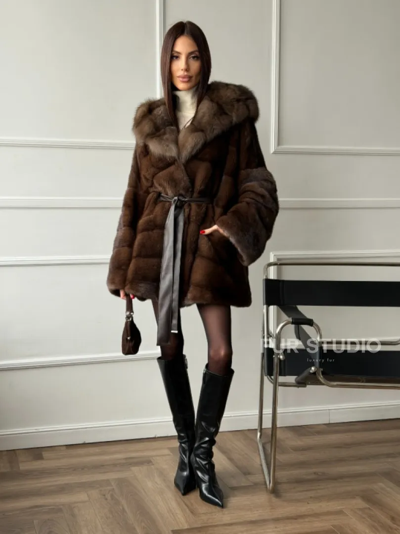 Шуба норка - кимоно с капюшоном