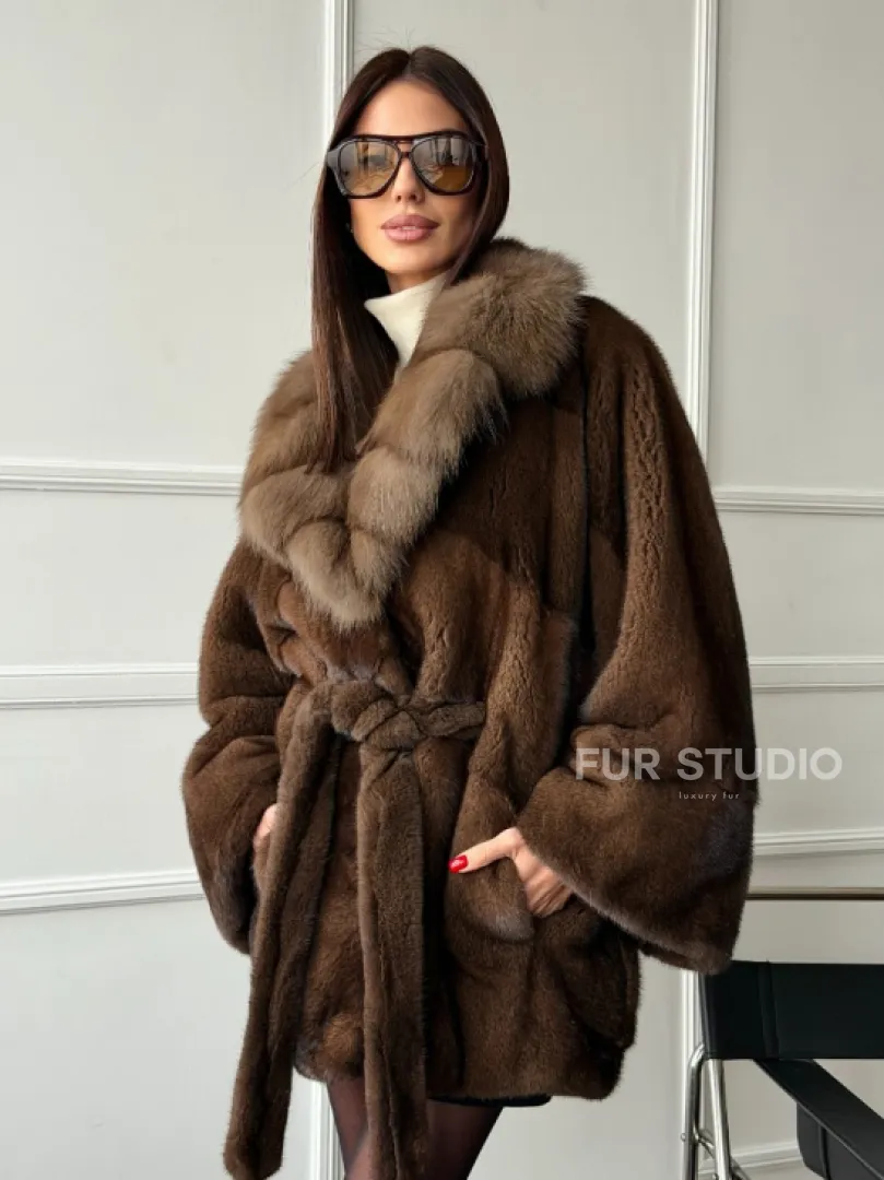 Полушубок автоледи норковый - воротник куница