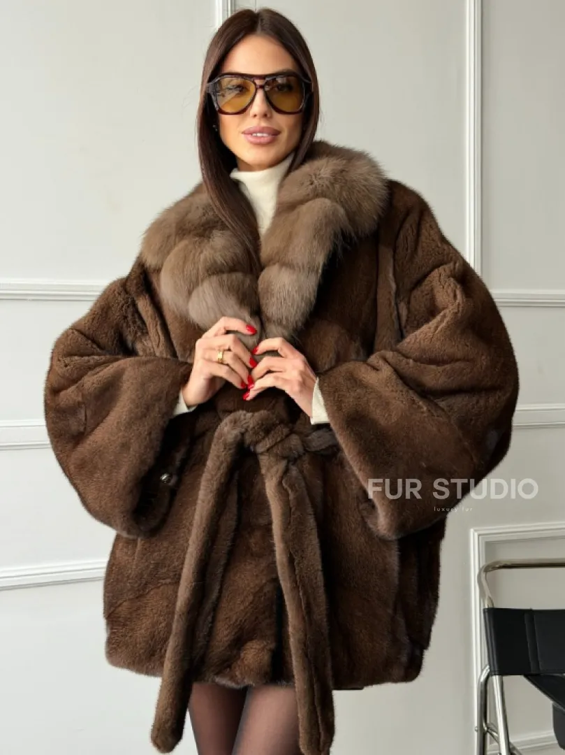 Полушубок автоледи норковый - воротник куница