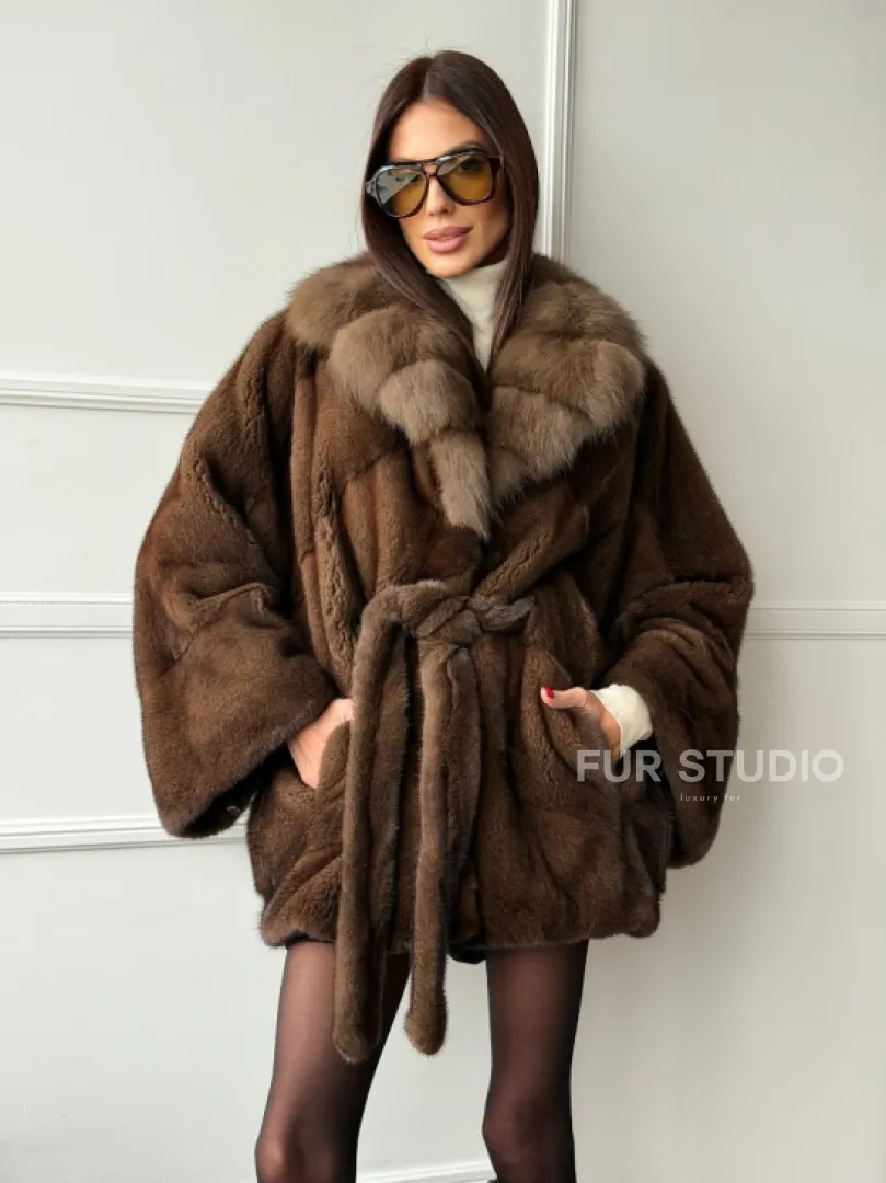 Полушубок автоледи норковый - воротник куница