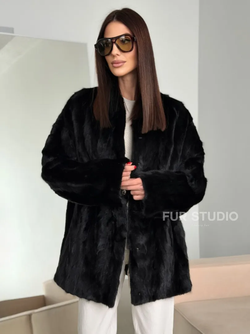 Шуба норковая из кусочков в стиле оверсайз