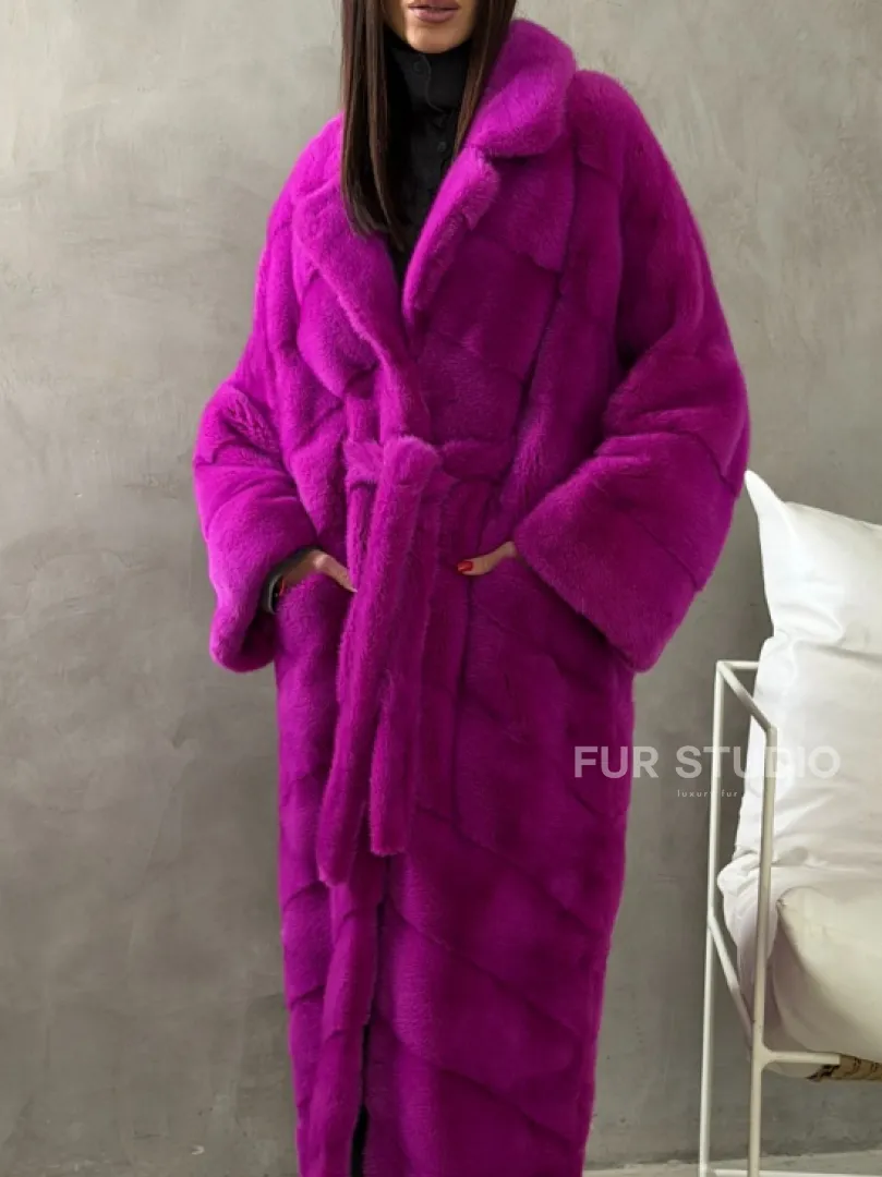 Длинная норковая шуба - цвет фуксия