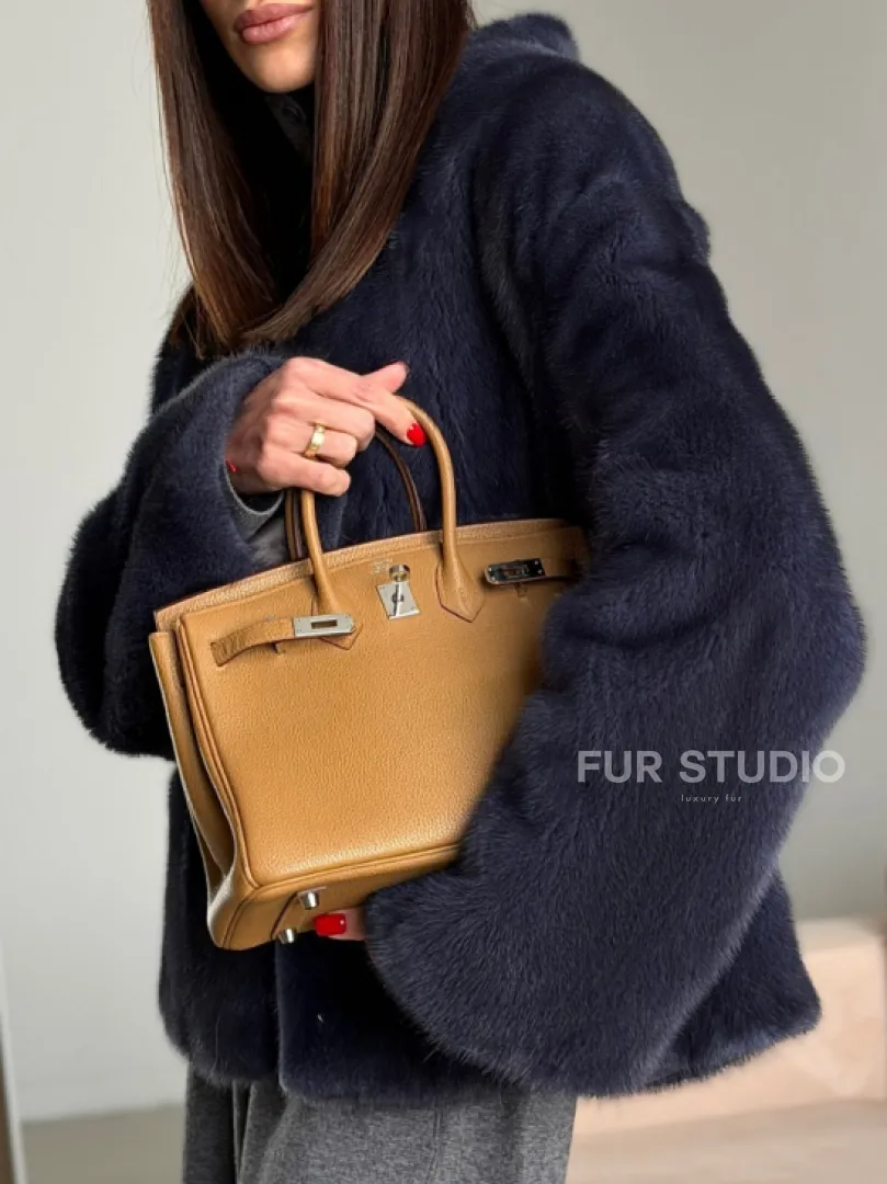 Короткий норковый жакет - синий графит