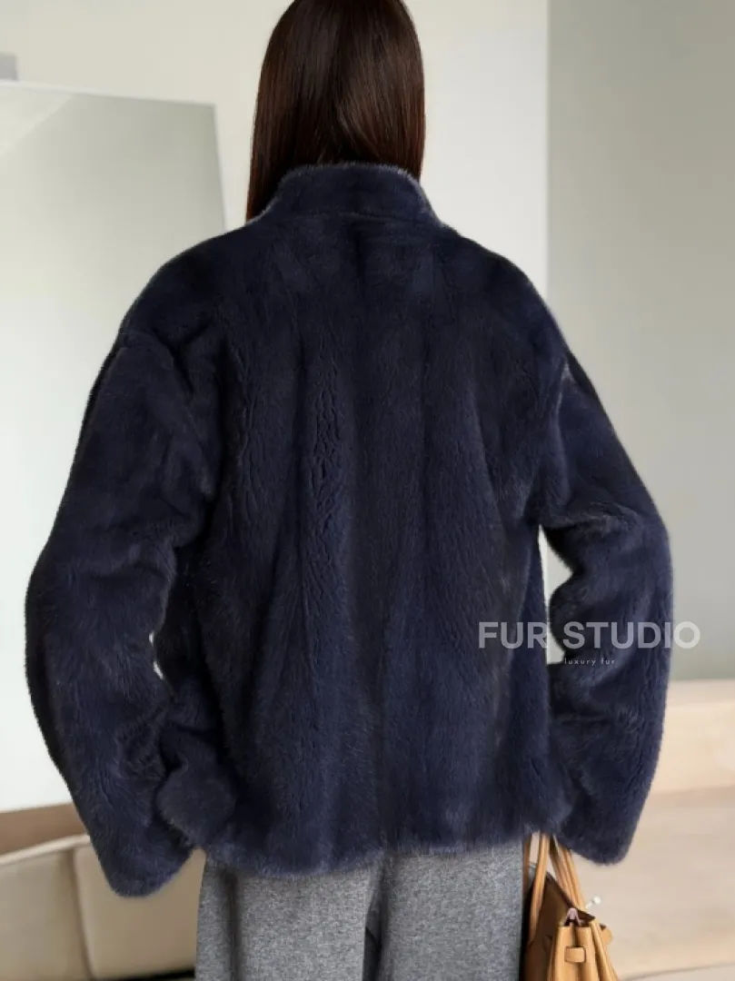 Короткий норковый жакет - синий графит