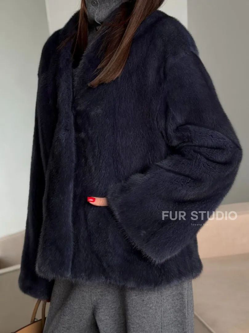 Короткий норковый жакет - синий графит