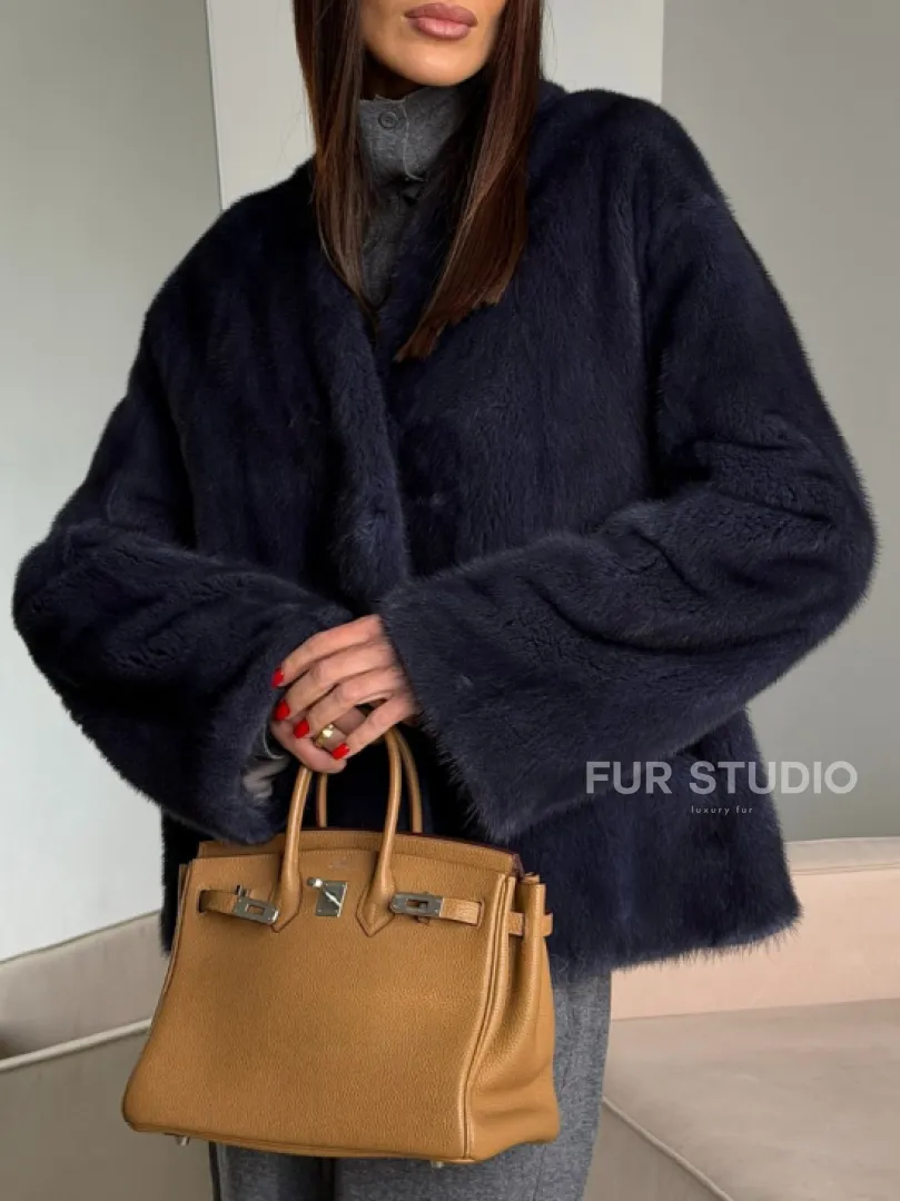 Короткий норковый жакет - синий графит - фото 5