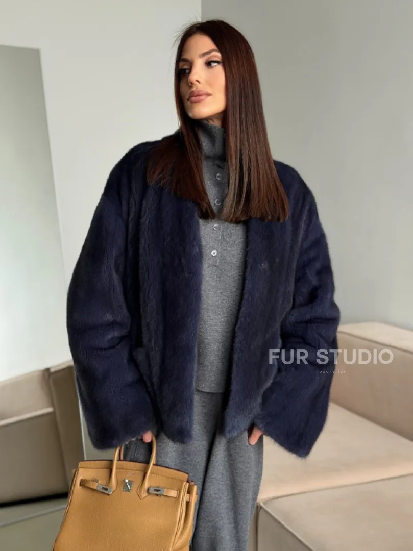 Короткий норковый жакет - синий графит - фото 9