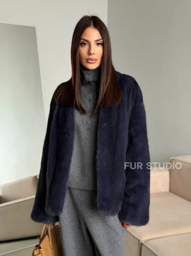 Короткий норковый жакет - синий графит