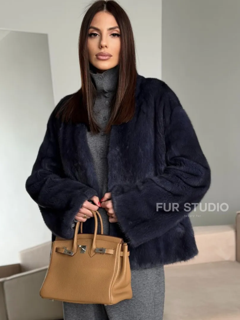 Короткий норковый жакет - синий графит