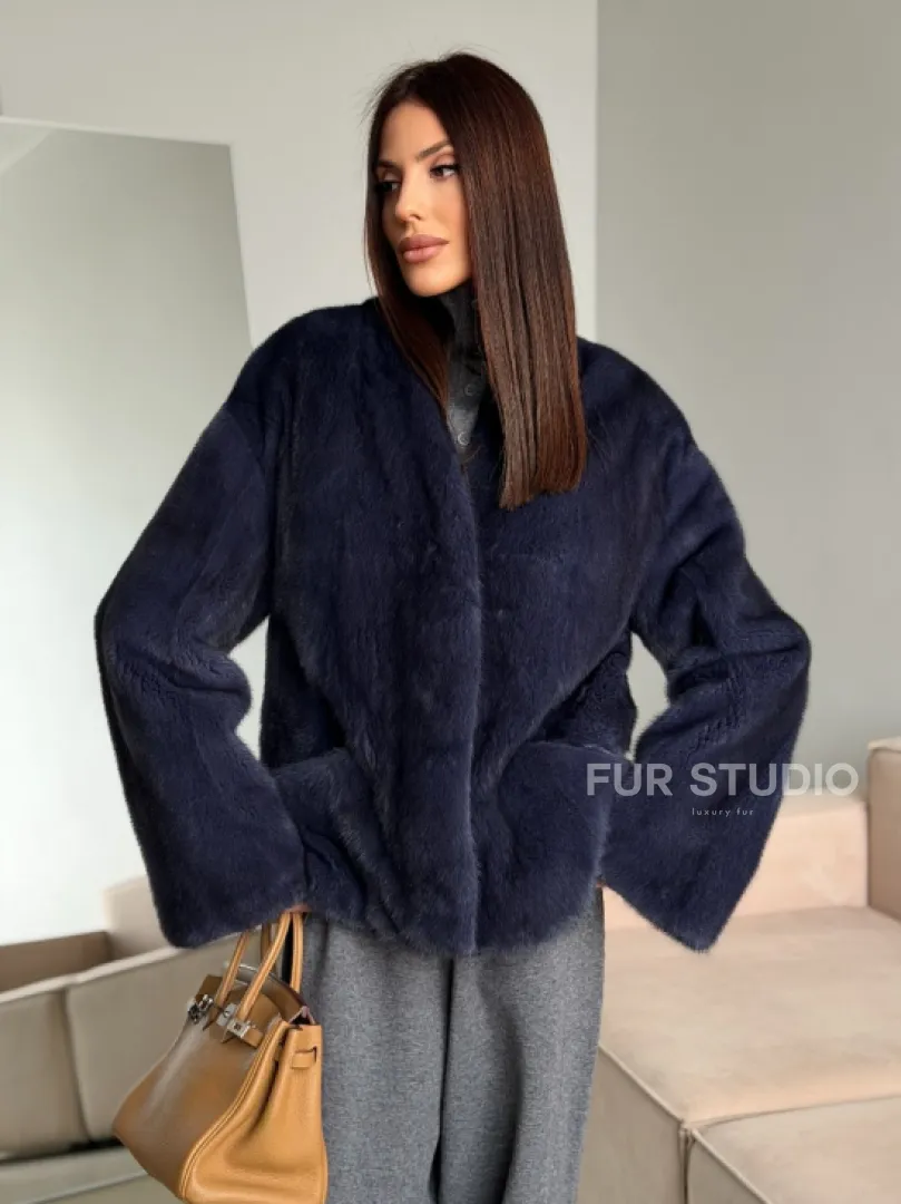 Короткий норковый жакет - синий графит - фото 11