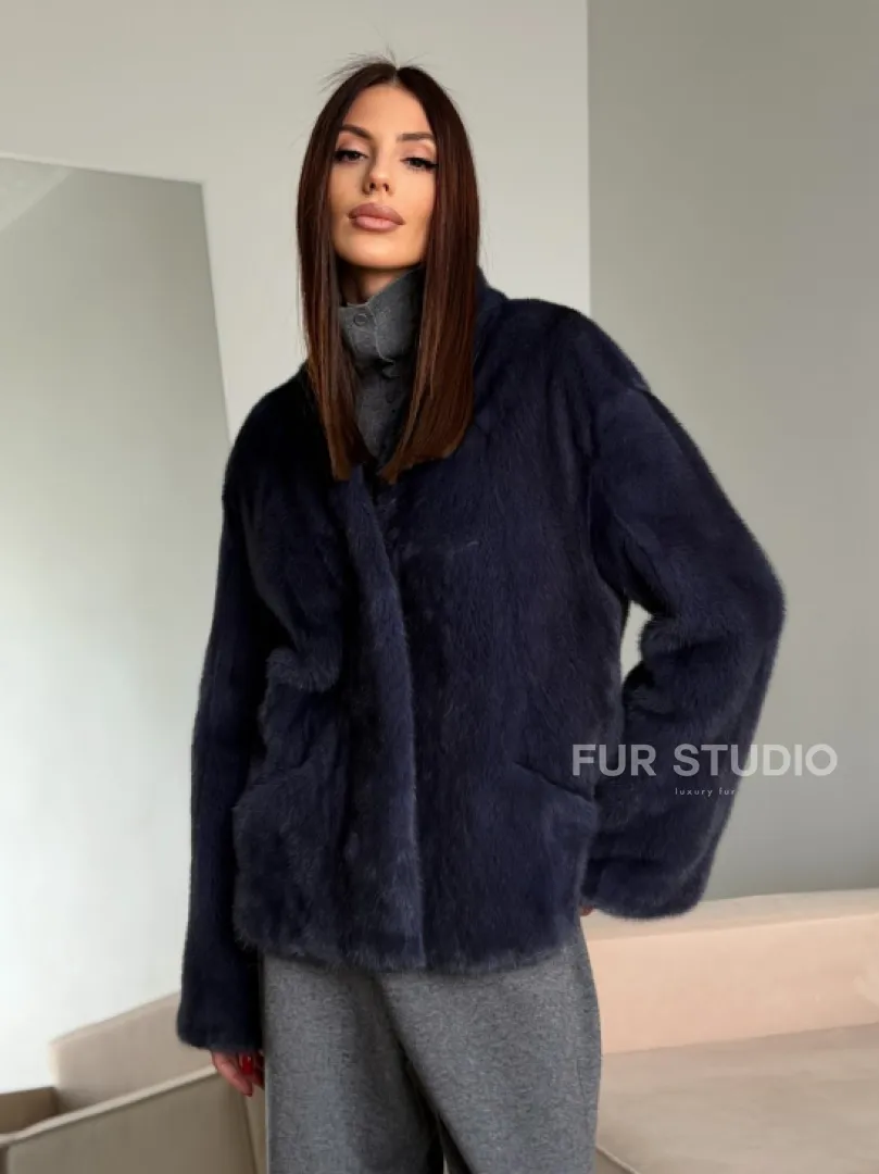 Короткий норковый жакет - синий графит
