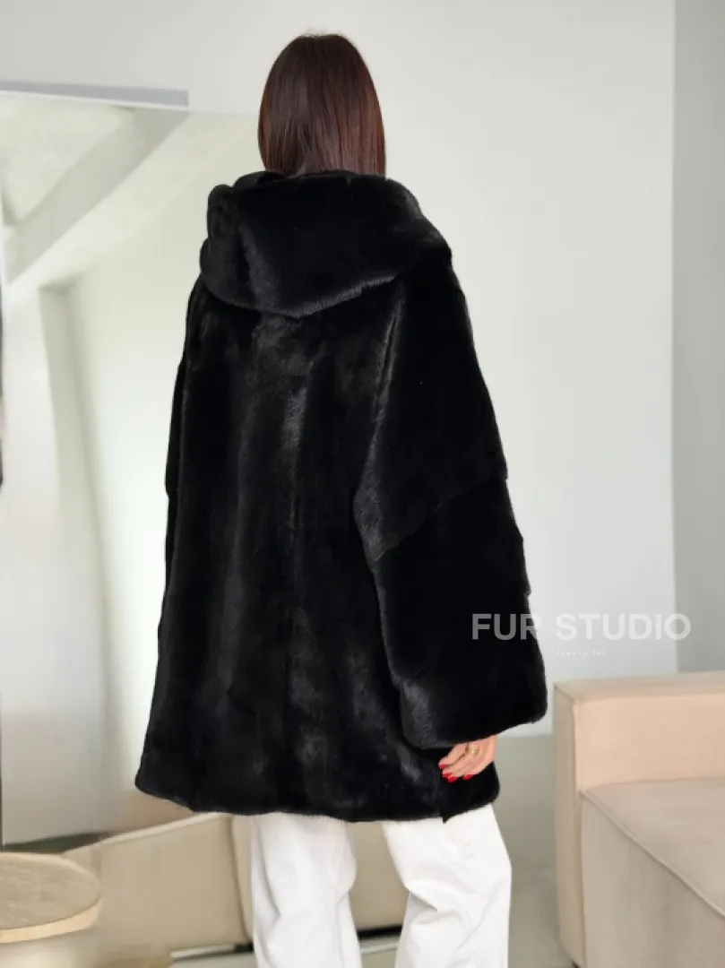 Норка шуба BLACKGLAMA паркет кимоно с капюшоном