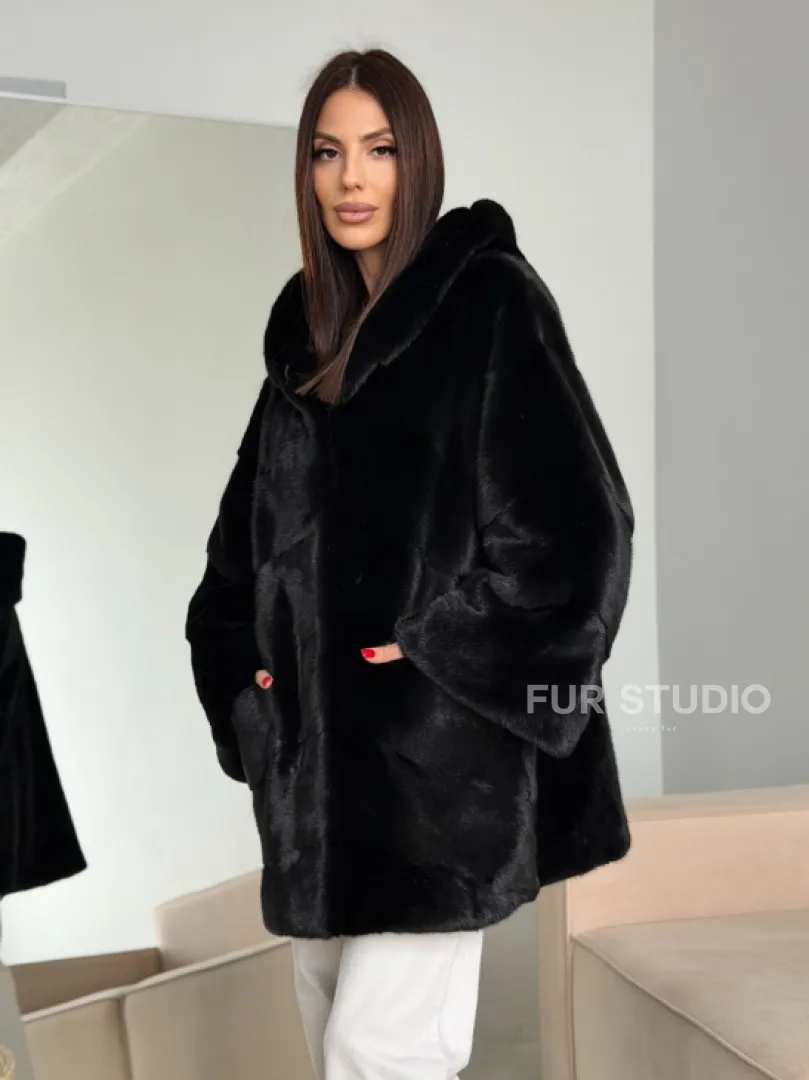 Норка шуба BLACKGLAMA паркет кимоно с капюшоном