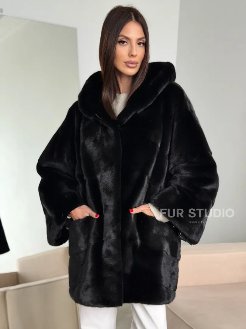 Норка шуба BLACKGLAMA паркет кимоно с капюшоном