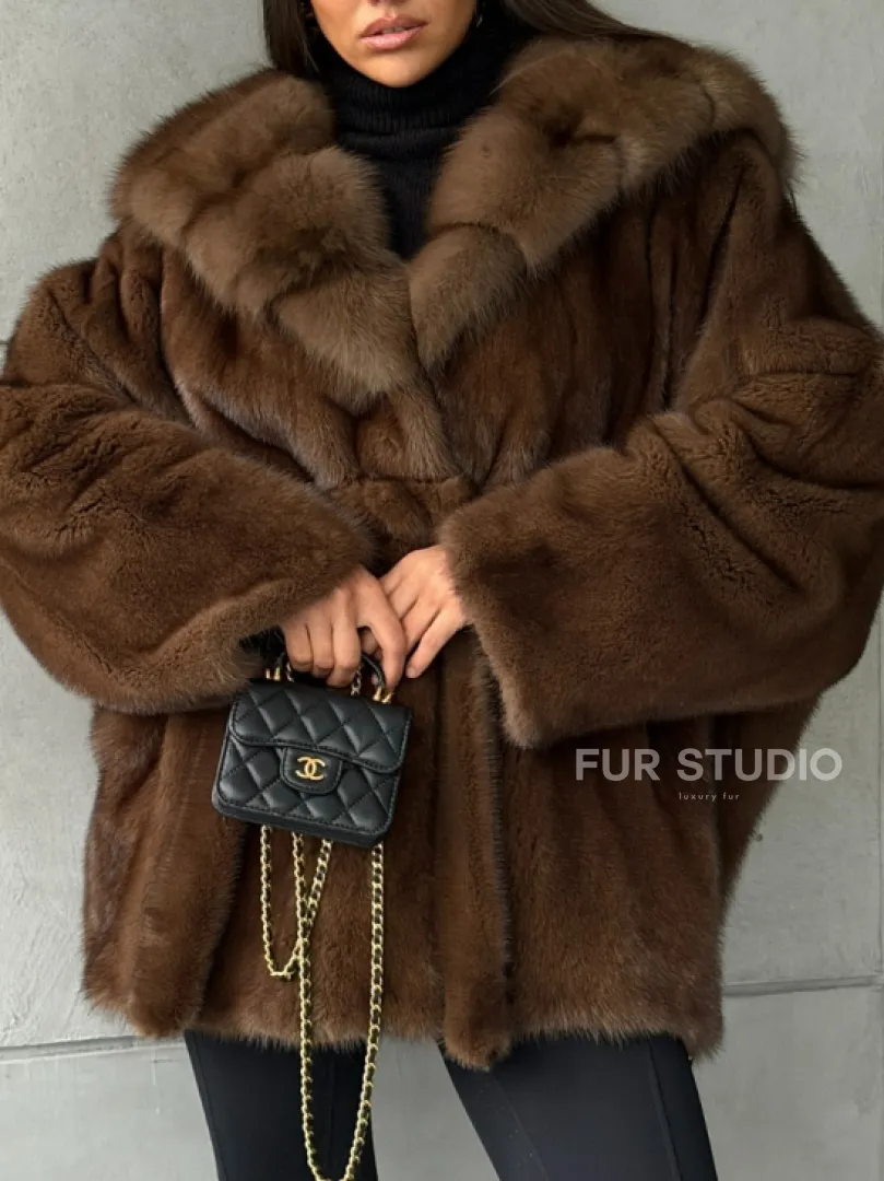 Полушубок норковый летучая мышь - капюшон куница - фото 3