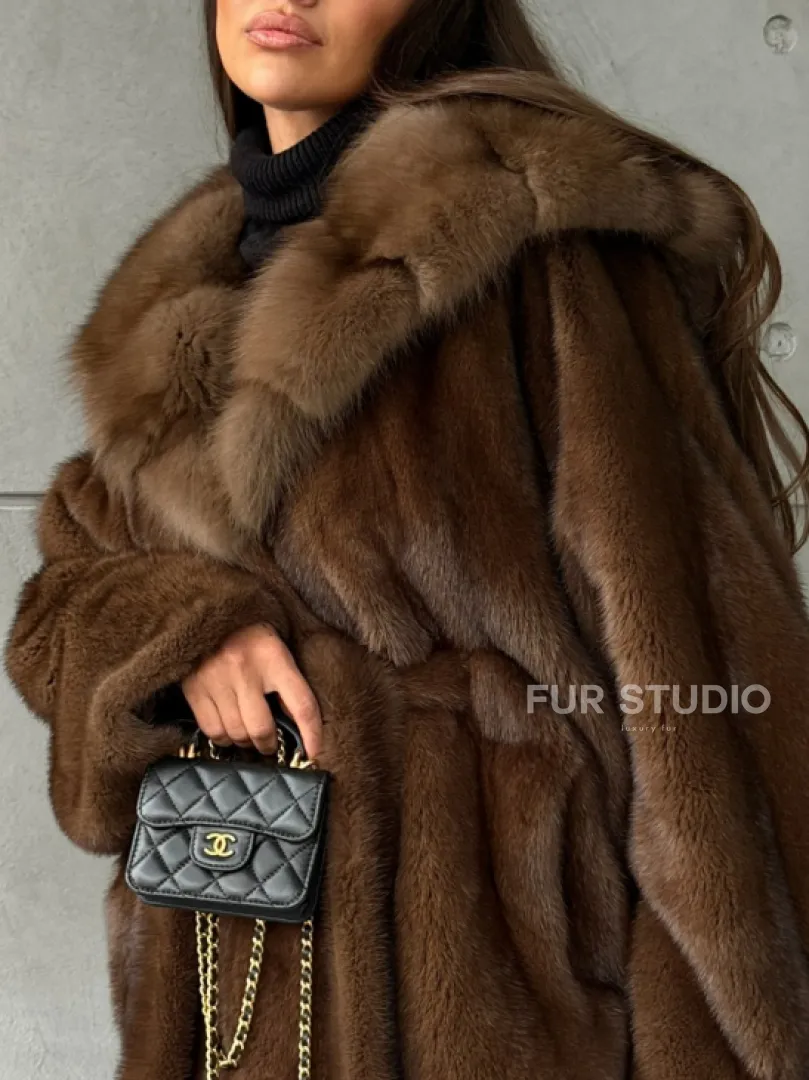 Полушубок норковый летучая мышь - капюшон куница