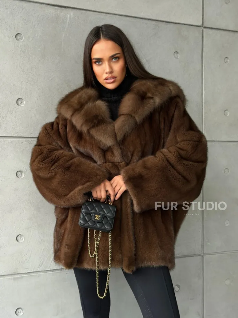 Полушубок норковый летучая мышь - капюшон куница - фото 15