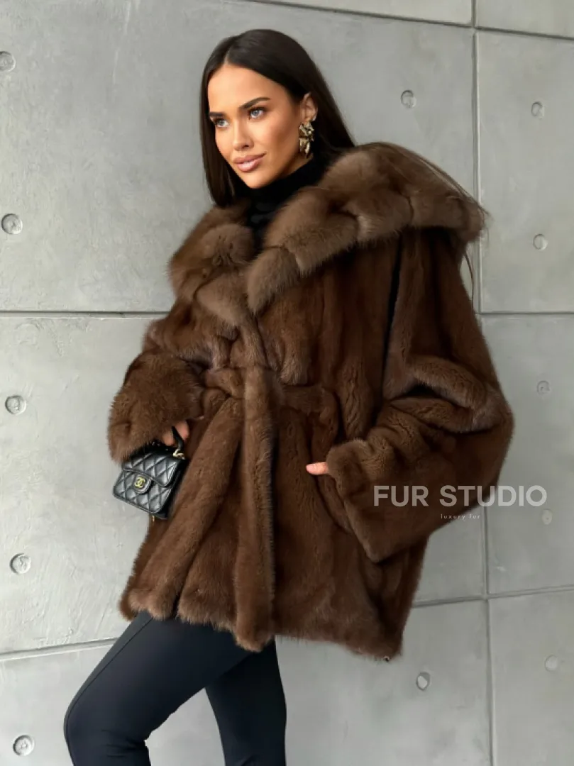 Полушубок норковый летучая мышь - капюшон куница - фото 13