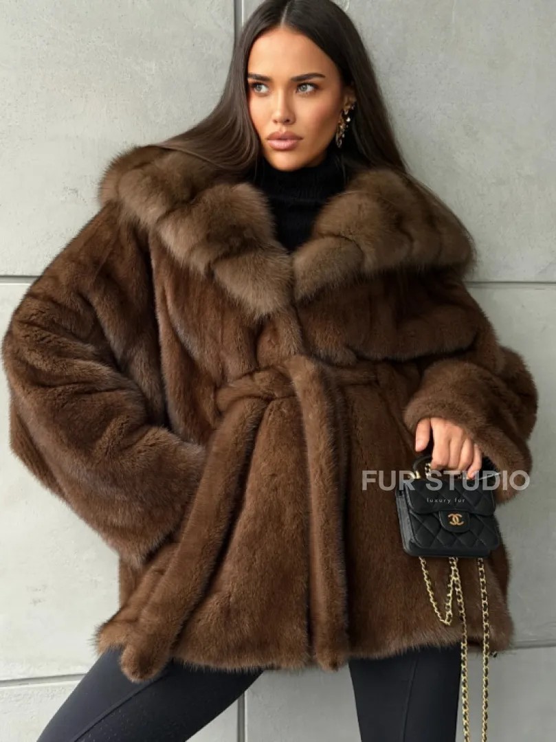 Полушубок норковый летучая мышь - капюшон куница - фото 5