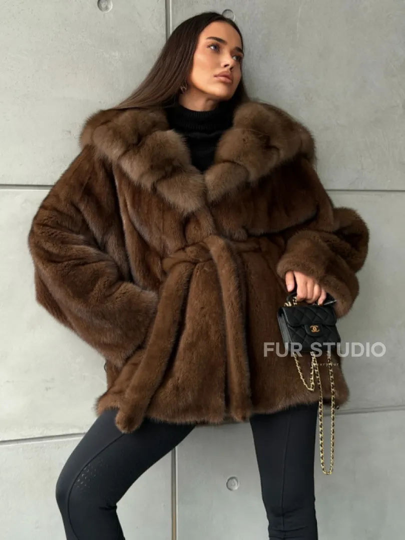 Полушубок норковый летучая мышь - капюшон куница - фото 10