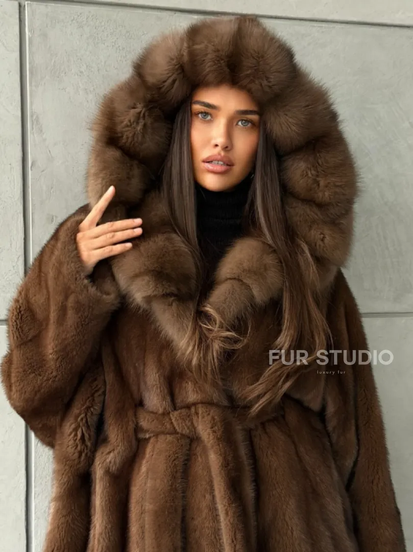 Полушубок норковый летучая мышь - капюшон куница - фото 9