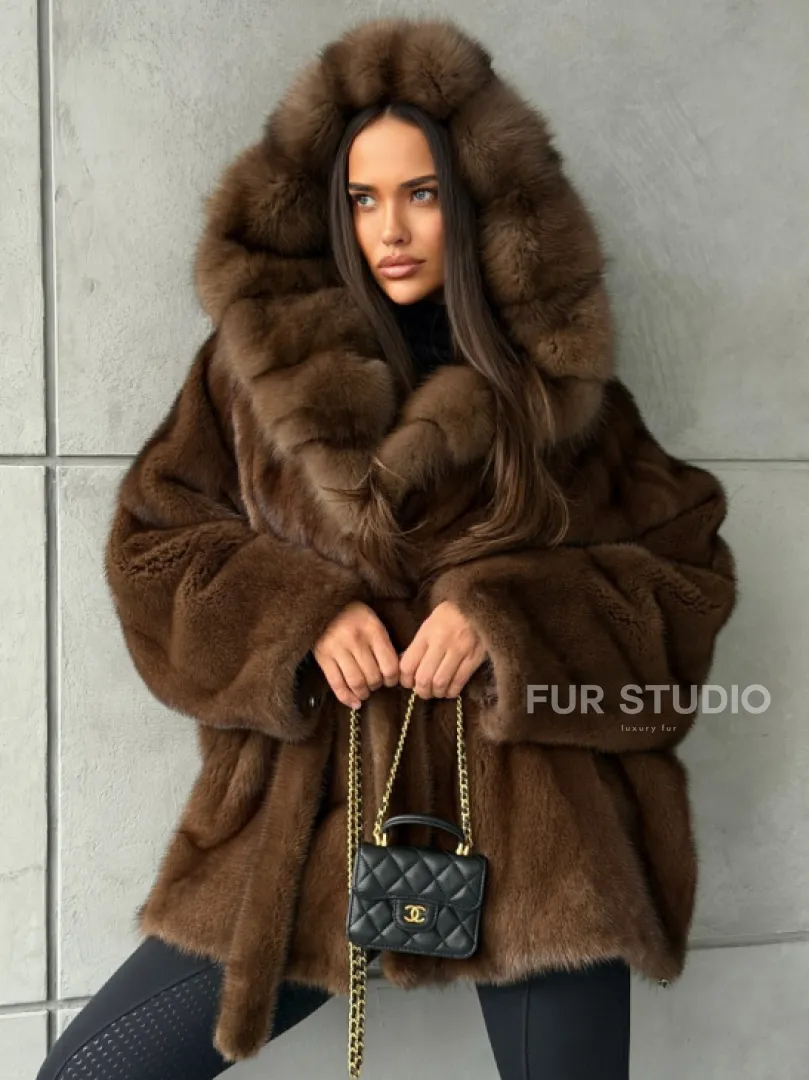 Полушубок норковый летучая мышь - капюшон куница - фото 11