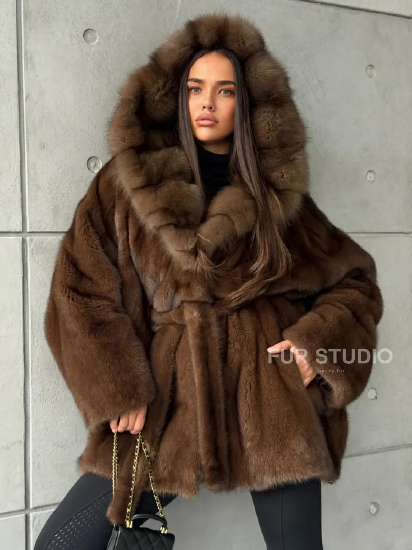 Полушубок норковый летучая мышь - капюшон куница - фото 0