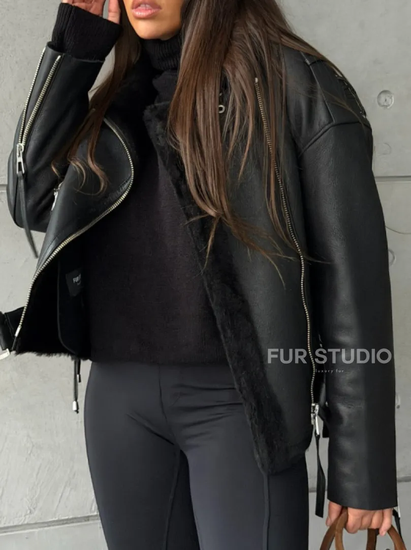 Черная короткая дубленка авиатор - фото 4