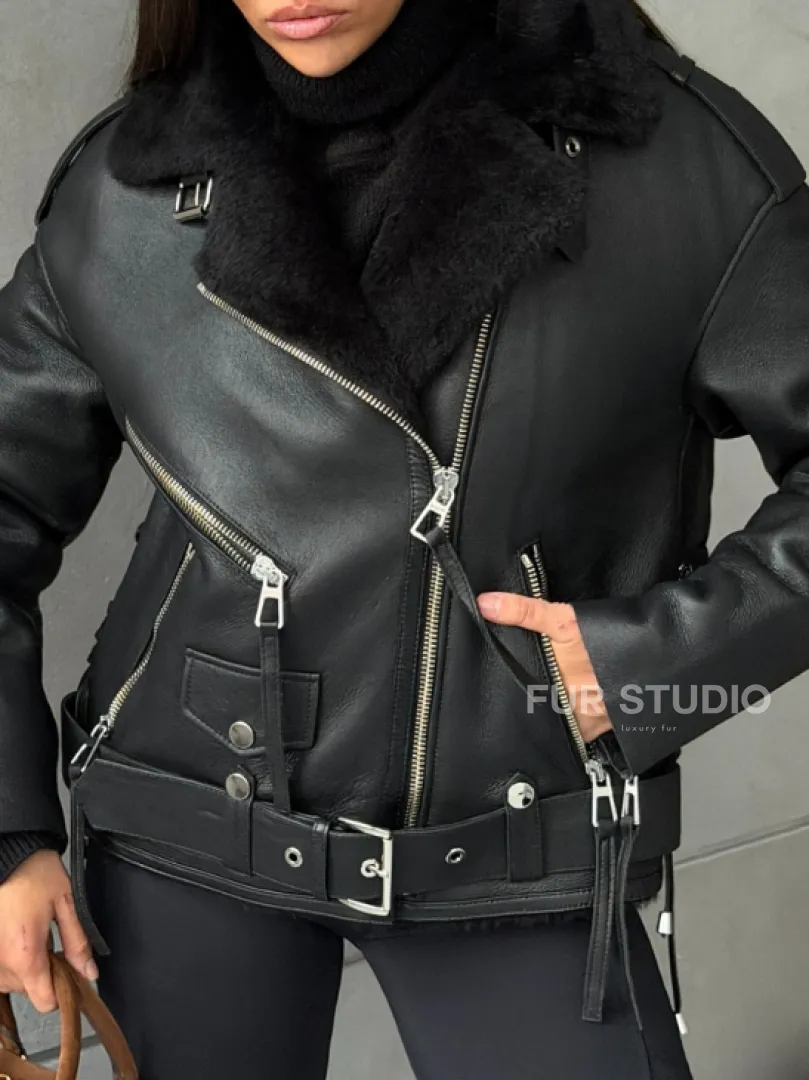 Черная короткая дубленка авиатор - фото 1