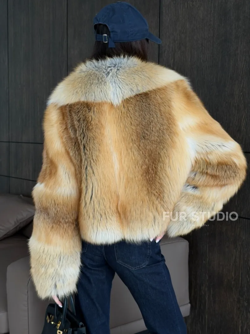 Полушубок-кроп с большим шалевым воротником из меха лисы Golden Sunrise - фото 3