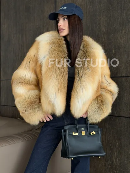 Полушубок-кроп с большим шалевым воротником из меха лисы Golden Sunrise - фото 5