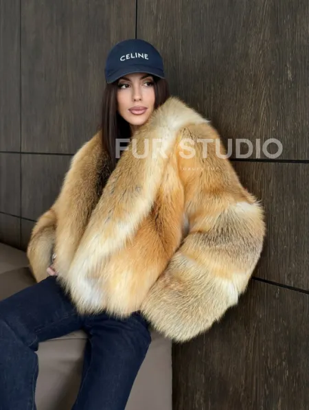 Полушубок-кроп с большим шалевым воротником из меха лисы Golden Sunrise - фото 9