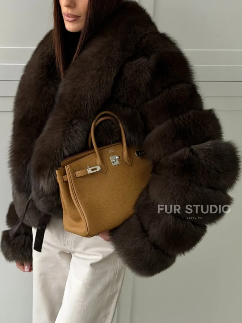 Полушубок-кроп из песца с шалевым воротником - фото 2