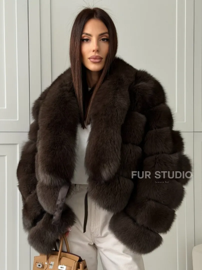 Полушубок-кроп из песца с шалевым воротником - фото 0