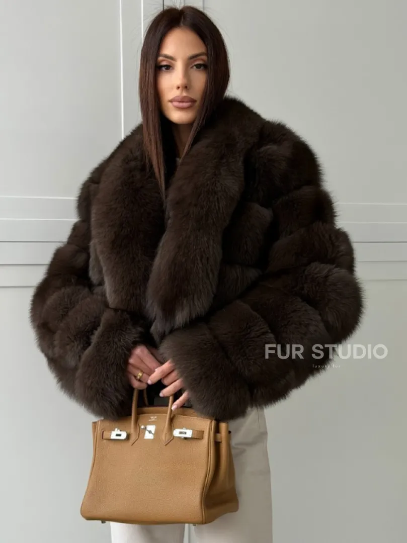 Полушубок-кроп из песца с шалевым воротником