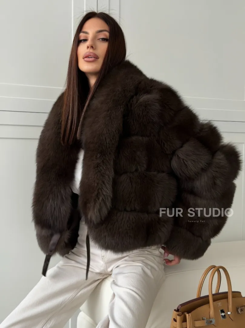 Полушубок-кроп из песца с шалевым воротником - фото 8