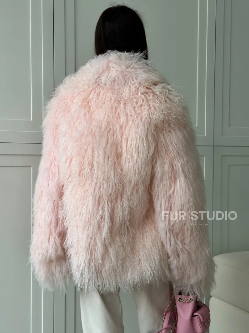 Шуба из меха ламы - цвет розовый - фото 4