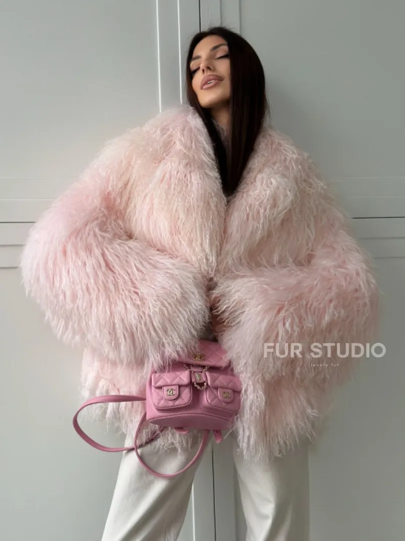 Шуба из меха ламы - цвет розовый - фото 8