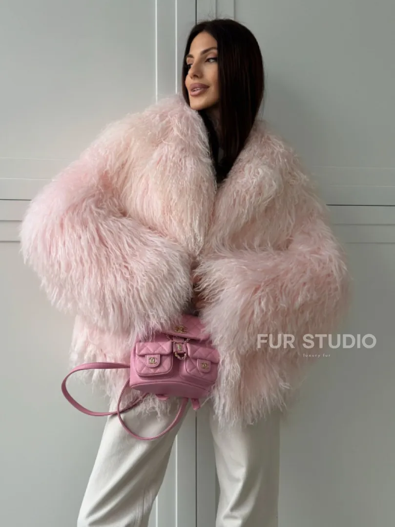 Шуба из меха ламы - цвет розовый - фото 5