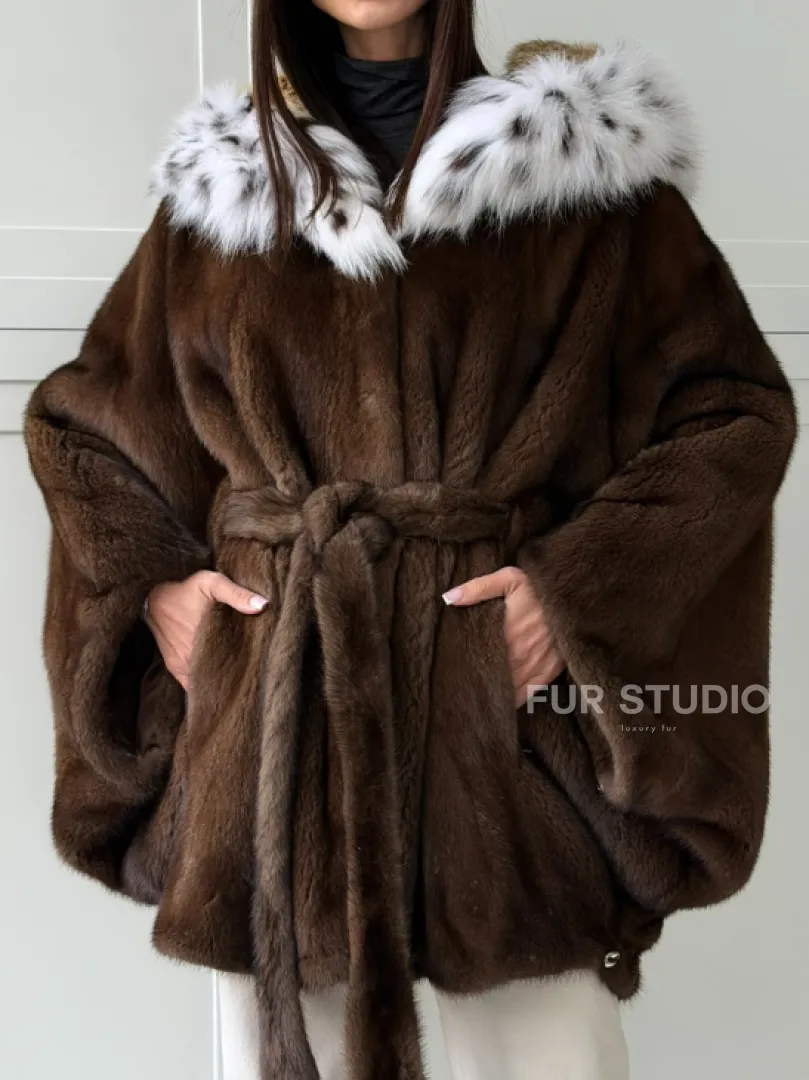 Норковая шуба с капюшоном по рысь - фото 1