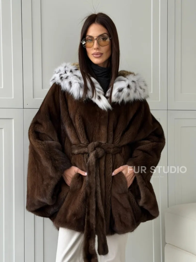 Норковая шуба с капюшоном по рысь - фото 10