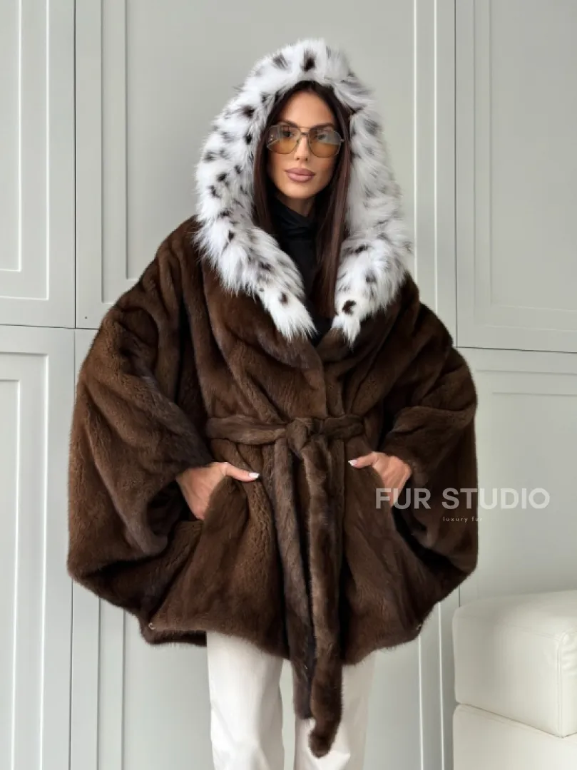 Норковая шуба с капюшоном по рысь - фото 13