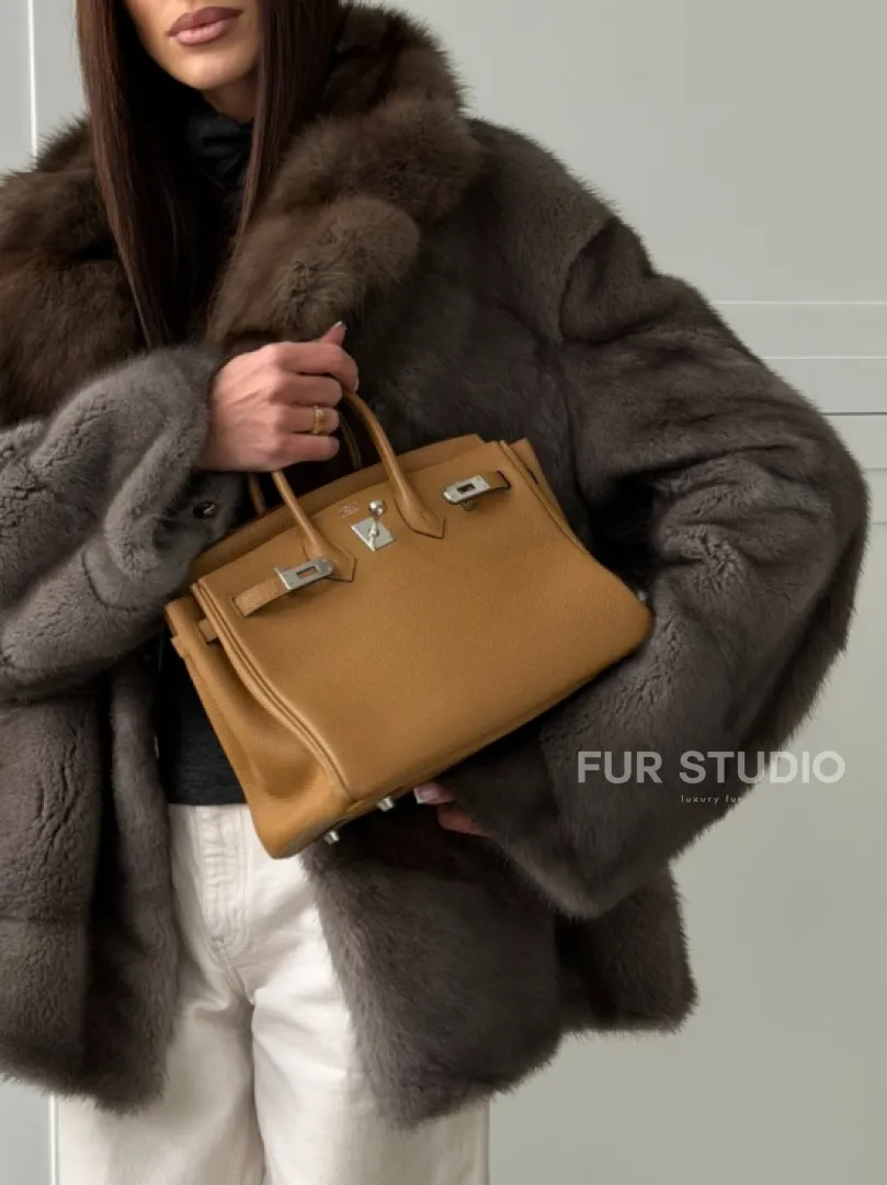 Шуба норковая автоледи - воротник куница (серый)