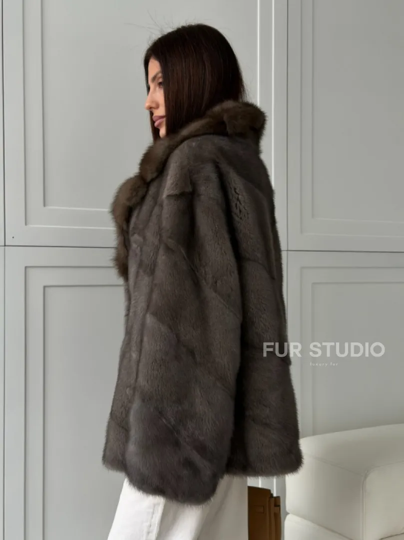 Шуба норковая автоледи - воротник куница (серый) - фото 5