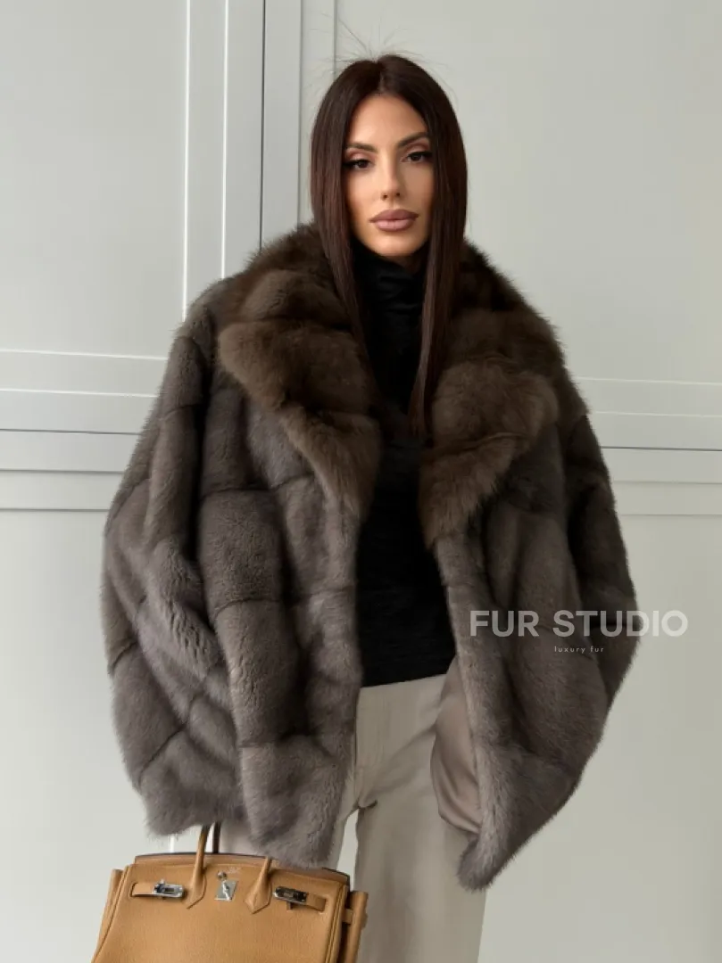 Шуба норковая автоледи - воротник куница (серый) - фото 0